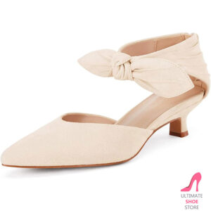 Women's Suede Kitten Heel Dress Pumps – Pointed Toe with Bow Ankle Strap