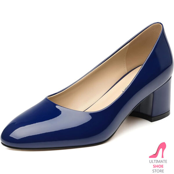 Women's Low Block Heel Pumps – Round Toe Patent Dress Shoes for Work & Events